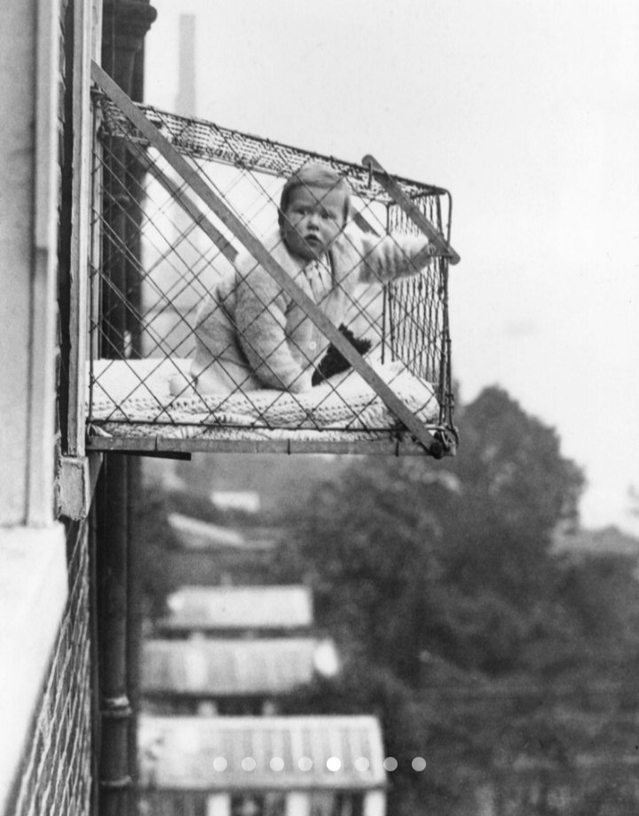 Epochwave173521's tweet photo. Strange Invention: The Baby Cage

During the 1930s, apartment-dwelling parents in Britain and the United States used wire cages that projected from windows to allow babies to receive fresh air and sunlight.

At the time, doctors believed that outdoor air was essential for https://t.co/YgPgrP5dlU