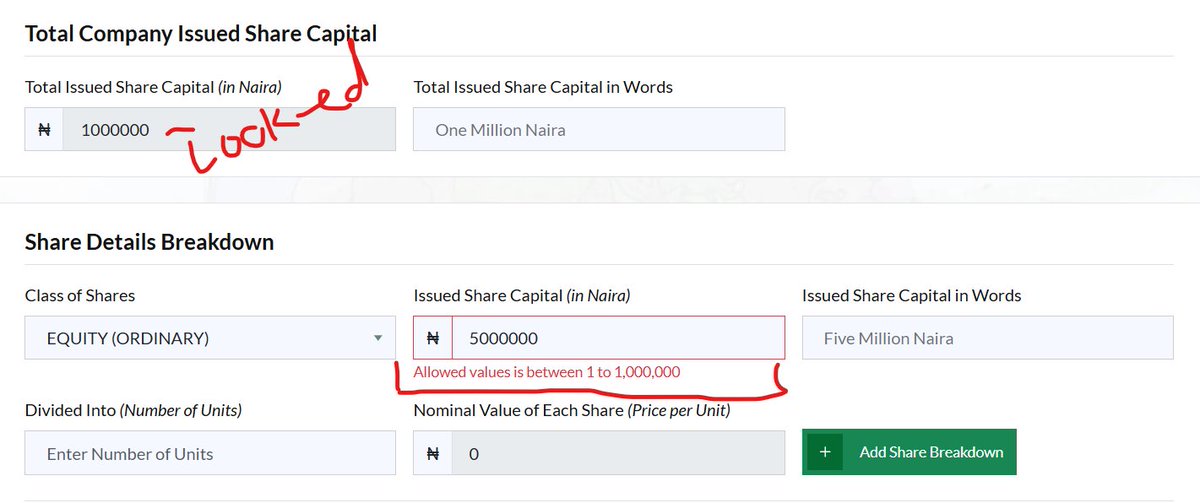 princeakitoye's tweet photo. @cacnigeria1 @cacnigeria1 Following your query, we paid to increase new company reg share capital from ₦1m to ₦5m. However, the portal still reflects ₦1m and won't allow us to update the share breakdown, payment made, plus stamp duty. Kindly assist. https://t.co/aNMKXwelN9