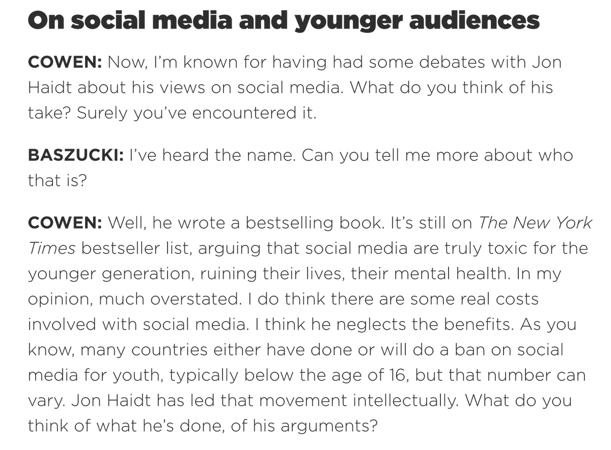 JacobWood27's tweet photo. CEO of largest youth social media platform unaware of most prominent critic of youth social media use @JonHaidt https://t.co/tNtaZZ6a16