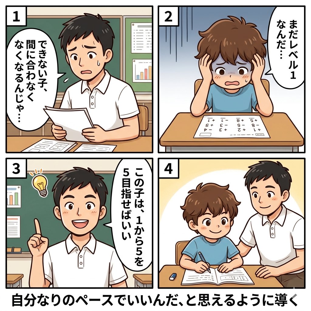 FujiT2019's tweet photo. 「自由進度だと、できない子が間に合わない」
そう感じている先生、多いと思います。

でもそれって、「全員が同じゴールを目指すべき」という前提があるから生まれる誤解かもしれません。

本来の個別最適な学びは、一人ひとりが自分の目標を持つこと。

学年平均レベルを5、目標を10とすると、まだレベル1の子もいます。
その子に無理に10を目指させる必要はありません。
今回は1→5を目指せばいい。

一番避けたいのは、レベル1のまま停滞することです。

これは特別支援学級では当たり前の発想。通常学級でも同じ視点が必要なんだと思います。

子どもが「自分なりのペースでいい」と思えるように導くこと。それが今の時代に求められている先生の役割かもしれません。

4コマ+解説でまとめました👇

#個別最適な学び #学級経営