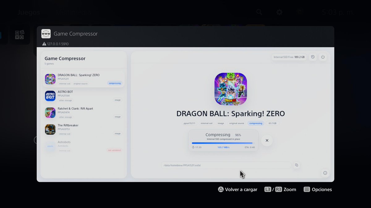Alexfvg01's tweet photo. Ps5 Game compressor exfat to .ffpsfc at 50% directly from your console without a PC, it runs at fast speeds from approximately 104mbps, the best I have seen so far and they work excellently.

download link: https://t.co/EWVxeSDbnz https://t.co/atd8OGG1vl