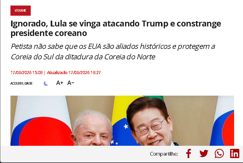 SensoCrtico1's tweet photo. Após passar vergonha na reunião do G7, nesta terça (16), quando foi ignorado solenemente por Donald Trump, a quem cercava para obter ao menos uma foto trocando cumprimentos, Lula (PT) voltou a causar constrangimento em Evian, na França, com o vazamento de vídeo em que ele volta a atacar o presidente dos Estados Unidos.

Durante conversa com o presidente da Coreia do Sul, Lee Jae-myung, Lula criticou Trump e o chamou de “imperador” diante de um interlocutor cujo país é tradicional aliado dos Estados Unidos, cuja proteção histórica protege os sul-coreanos de invasão pela Coreia do Norte.

Enquanto Lula critica o comportamento do Trump, os interlocutores sul-coreanos, claramente incomodados, pediram ao tradutor do brasileiro para falar baixo e não pronunciar aquelas palavras. O presidente Lee Jae-myung fez que não ouviu e, constrangido, mudou de assunto perguntando sobre o número de turistas que visita o Brasil por ano. Lula não soube responder.

https://t.co/sezZHvygPP