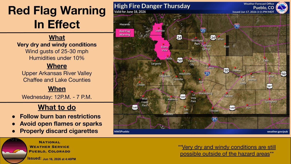 The image shows the geographic extent of the red flag hazard as well as details on what the hazards is, when it will occur and what to do to stay safe from it.