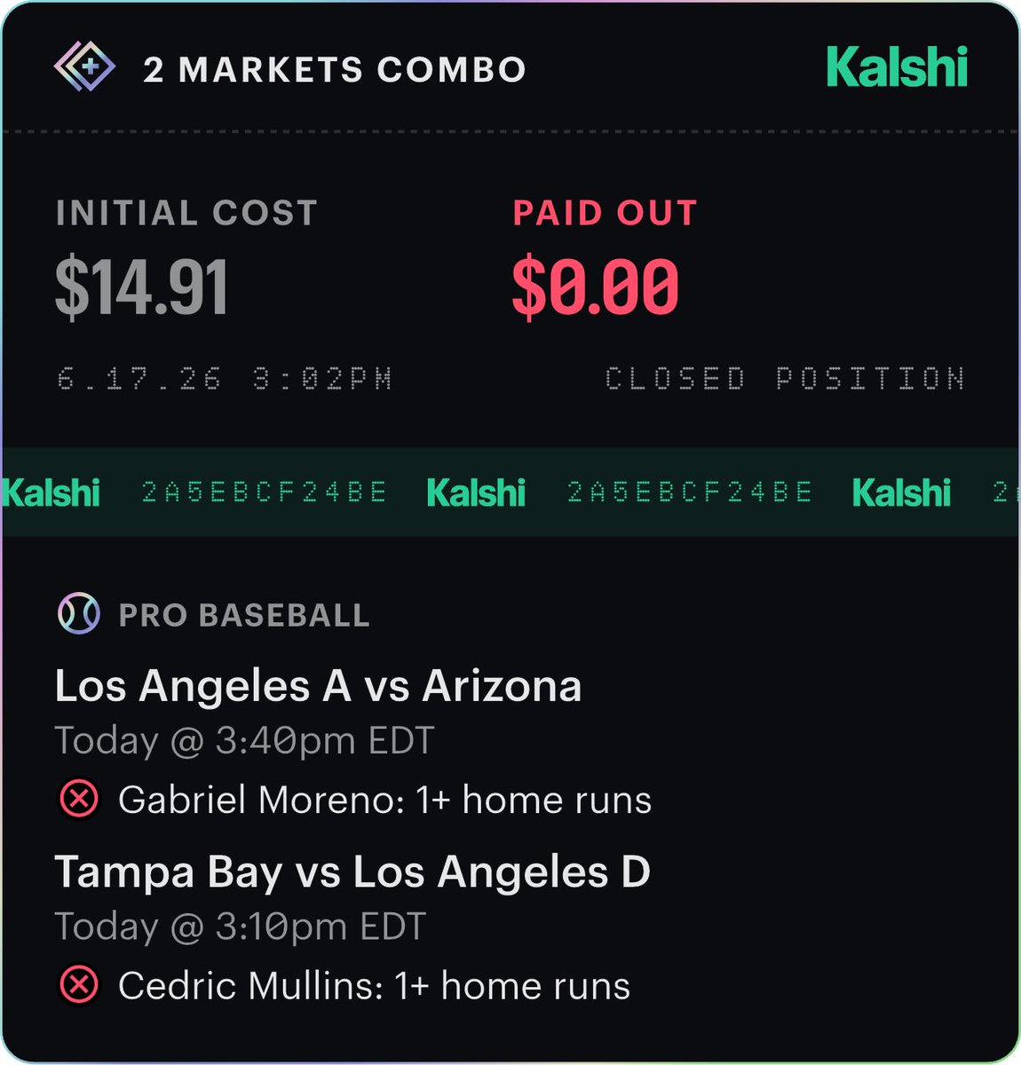 YecafeF's tweet photo. I just don’t understand @Kalshi. Pretty sure they scamming people these 2 players hit home run but still lost 😡 #kalshiscam https://t.co/tXbonfdxDe