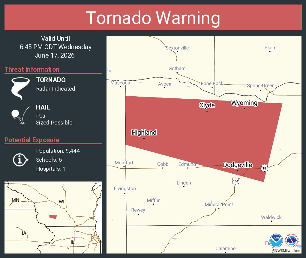 Tornado Warning including Dodgeville WI, Highland WI and Clyde WI