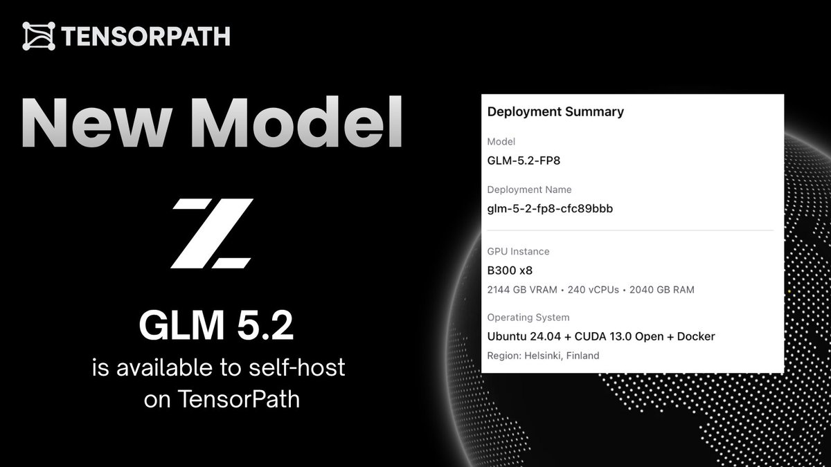 GenIntelX's tweet photo. New Open Source Model Available on TensorPath! GLM 5.2 is live on the TensorPath AI Factory ⚡ The MOST POWERFUL open source model by far, scoring 51 on Artificial Analysis Intelligence Index just slightly behind Opus 4.8, GPT 5.5 and Fable 5. https://t.co/hiDYlasjJF