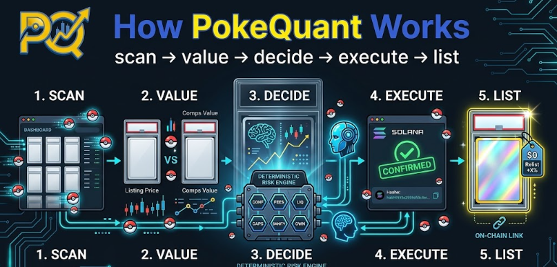poke_quant's tweet photo. How PokeQuant works:

The agent scans Collector Crypt graded slabs on Solana.

Every candidate goes through valuation, identity checks, fee math, liquidity checks, spend caps, and the six-gate risk engine.

If it clears, the fund can buy.

Then it relists.

Then it verifies ownership and sale events on-chain before crediting anything.

Hermes rides beside the engine as analyst, identity scout, and calibration layer.

But it never holds a key.

It never moves money.

AI suggests.

The deterministic engine decides.

That is the fund powered by $POKEQ