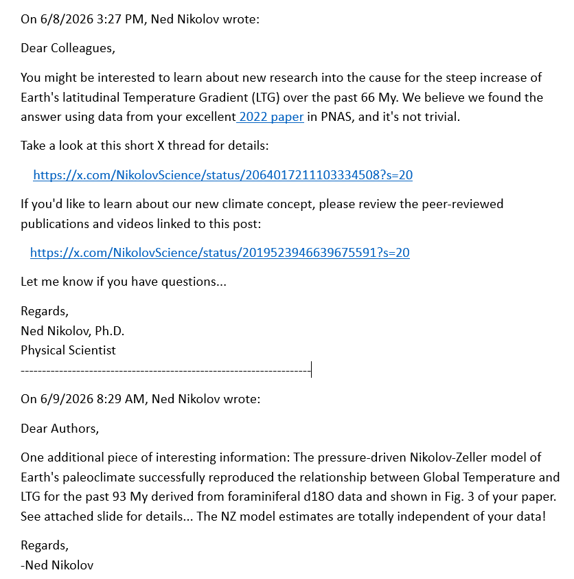 NikolovScience's tweet photo. Earlier this month, I emailed the attached info to the authors of an interesting paleoclimate paper (Gaskell et al. 2022: https://t.co/4NAIsd9dNb) assuming that it would spark their academic curiosity and prompt research questions.

I was wrong! No one has replied to me thus far.

I've seen numerous times before this lack of response to information about new paradigms by mainstream climate scientists. It shows that modern science is NOT driven by academic curiosity, but by the chase of research grants and career promotions. Most scientists have no interest in exploring fundamentally new concepts that deviate from the status quo, since such discussions could potentially harm their carriers. They even avoid engaging in casual conversations about controversial topics... This is why we see STAGNATION of fundamental theories in so many areas of mainstream science today.

Climate science is particularly resistant to new ideas & concepts that challenge the 19th-Century "greenhouse" theory, no matter how well they are supported by modern data. The 170-year old silly idea about some "greenhouse" trace gases controlling Earth's climate on all time scales has become an untouchable dogma that no one dares to question. Yet, modern observations and advancements in thermodynamics clearly show that the "greenhouse" concept of climate change is physically ABSURD!
