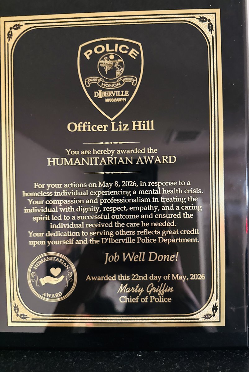DIbervillePD's tweet photo. Last night at the D'Iberville City Council meeting, Officer Denzel Moreno and Officer Liz Hill were honored with the Humanitarian Award for their compassionate actions on May 8, 2026, while responding to a homeless individual experiencing a mental health crisis.

Law enforcement is about more than enforcing laws—it is about serving people. Officer Moreno and Officer Hill demonstrated exceptional compassion, professionalism, and dedication to helping someone in need during a difficult moment in their life.

Their actions reflect the values of the D'Iberville Police Department and serve as a reminder of the positive impact officers can have on the community they serve.

Please join us in congratulating Officer Moreno and Officer Hill on this well-deserved recognition.