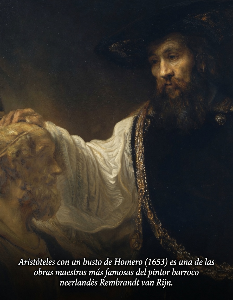 Arteymas_'s tweet photo. Aristóteles con un busto de Homero (1653) es una de las obras maestras más famosas del pintor barroco neerlandés Rembrandt van Rijn. 

Este óleo sobre lienzo fue un encargo del noble siciliano Don Antonio Rufo. 

Actualmente, la pintura se exhibe de forma permanente en el Metropolitan Museum of Art (The Met) de Nueva York. 

La pintura retrata al filósofo griego Aristóteles pensativo, ricamente vestido como un mercader holandés del siglo XVII, apoyando la mano sobre el busto del poeta ciego Homero. Representa el choque entre el conocimiento terrenal (Aristóteles) y la inmortalidad de la poesía y el arte (Homero). 

Una cálida luz dorada flota entre ambos personajes y se concentra exactamente donde sus miradas deberían cruzarse, un rasgo característico del dominio de la luz y la sombra de Rembrandt.