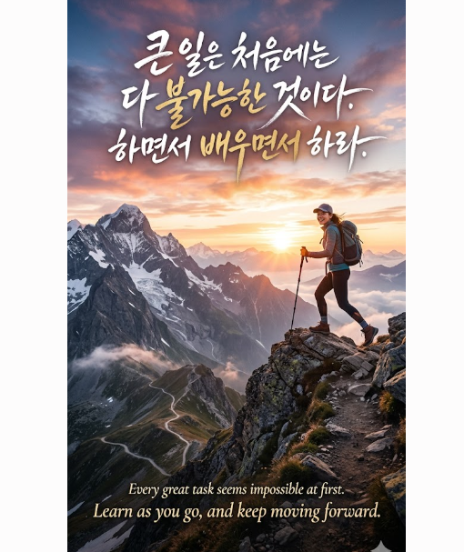 powerplace5678's tweet photo. <정명석 목사님의 잠언말씀>
"큰 일은 처음에는 다 불가능한 것이다.
하면서 배우면서 하라. "
"Every great task seems impossible at first.
Learn as you go, and keep moving forward. "
#정명석 #JMS #잠언 #말씀 #불가능 https://t.co/jXageD92Nu