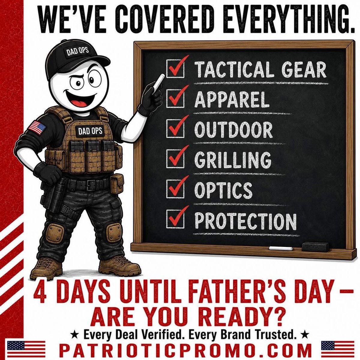 PatrioticPromo_'s tweet photo. 4 days until Father’s Day. We’ve covered tactical gear, firearms accessories, outdoor survival, apparel, grilling, optics, and protection. If you still haven’t found something for Dad — I genuinely don’t know what to tell you. 

→ https://t.co/ukKRXqPdB8 https://t.co/Xlv7WiJQnA