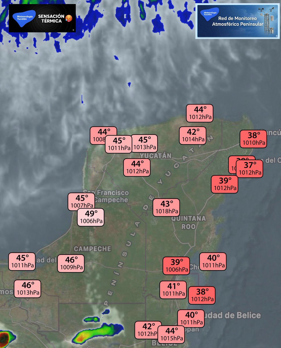 ClimaYucatan's tweet photo. 🥵 Calor brutal este miércoles 

Son las 5 pm y la Red de Monitoreo Atmosférico Peninsular registra sensaciones térmicas de hasta 49º C en Campeche y 45º C en Yucatán.

Compren unos ricos bolis de mango para hidratarse. https://t.co/dvkHLGh2uh