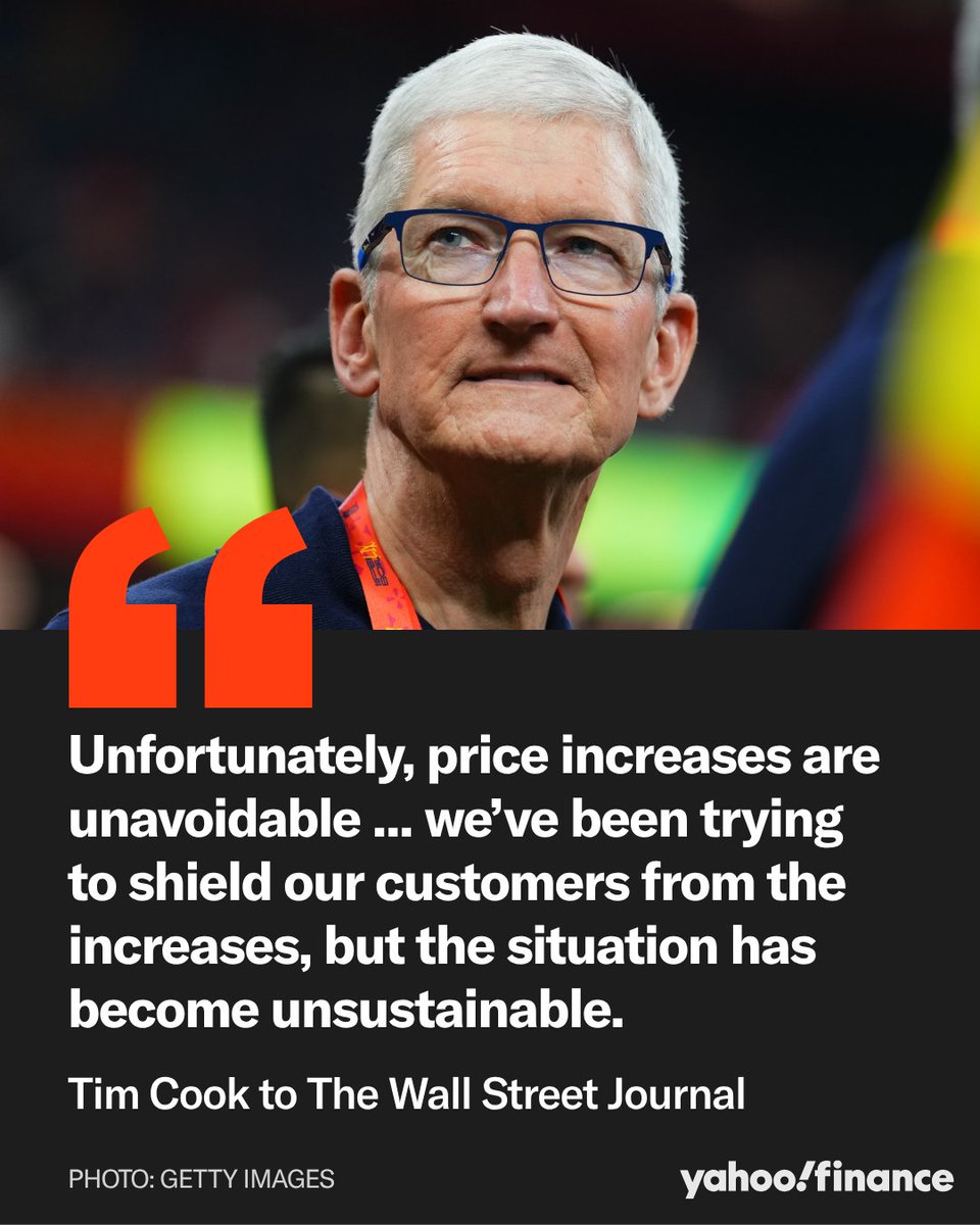 YahooFinance's tweet photo. Tim Cook told the Wall Street Journal product price hikes are "unavoidable" thanks to rising memory and storage chip costs. https://t.co/aIWaDQn83N