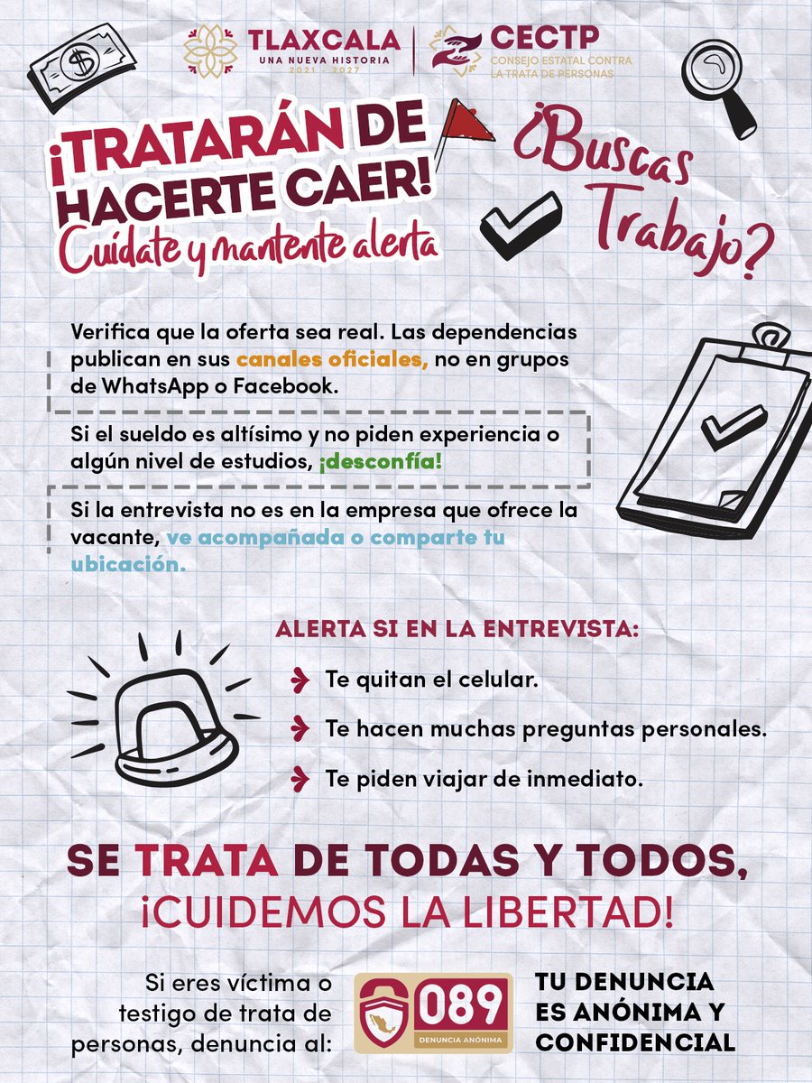 SFTlaxcala's tweet photo. ⚠️ ¡Cuando busques trabajo toma precauciones! ⚠️

▪️ Desconfía si el sueldo es alto y no te piden experiencia.
☎️ Si eres víctima o testigo de trata de personas, denuncial al 089, llama al 911 para emergencias.

#UnaNuevaHistoria ♦️ #TlaxcalaSinTrata  #SeTrataDeTodasyTodos https://t.co/rJkSwc7KoK