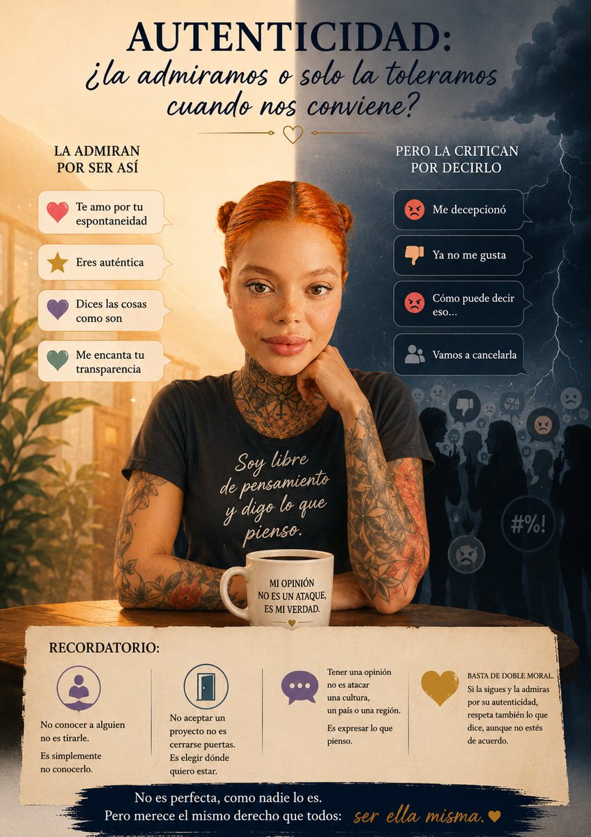 Jossy1985's tweet photo. "Autenticidad: ¿la admiramos o solo la toleramos cuando nos conviene?"

La paradoja de admirar la autenticidad

Hay algo que me cuesta entender. Muchas personas afirman admirar a Melissa por su espontaneidad, su autenticidad y su capacidad de expresar lo que piensa y siente sin filtros. Sin embargo, cada vez que emite una opinión, comparte una experiencia o simplemente expresa una postura personal, aparece un nuevo grupo dispuesto a cuestionarla, juzgarla o incluso retirarle el apoyo que decía tener.

Entonces surge una pregunta inevitable: ¿realmente se valora la autenticidad cuando coincide con nuestras expectativas, o solo cuando dice aquello que queremos escuchar?

No toda opinión es un ataque. Decir que no se conoce a una persona no implica despreciarla ni descalificarla. Del mismo modo, decidir no participar en un proyecto porque no se siente afinidad o comodidad con él no significa cerrarse puertas ni rechazar oportunidades; simplemente significa ejercer el derecho de elegir.

Vivimos en una sociedad donde constantemente se promueve la libertad de expresión, pero con demasiada frecuencia esa libertad parece aplicarse solo para algunos. Cuando alguien piensa diferente o expresa una opinión que no coincide con la mayoría, surgen intentos de censura, críticas desproporcionadas y juicios que poco contribuyen al diálogo.

Por supuesto, existen temas que suelen despertar emociones intensas, como la política, la religión o los deportes, y es comprensible que generen debate. Pero ninguna diferencia de opinión debería convertirse en motivo para descalificar a una persona o poner en duda todo aquello que antes se admiraba de ella.

Melissa no es perfecta, como tampoco lo es nadie. Pero precisamente la autenticidad que muchos dicen valorar implica aceptar que una persona tendrá opiniones, gustos, límites y decisiones propias. Admirar a alguien no debería significar intentar moldearlo a nuestra conveniencia, sino respetar su derecho a ser quien es, incluso cuando no estamos de acuerdo con todo lo que dice o hace.

Porque al final, pedir autenticidad mientras se castiga la sinceridad es una contradicción que merece ser reflexionada. 

#PandillaGateX
@meligate_ 
@lunitadex 
@fernandquirosg 
@lunadetelegram 
@ValeriaS0v 
@MeliGatePics