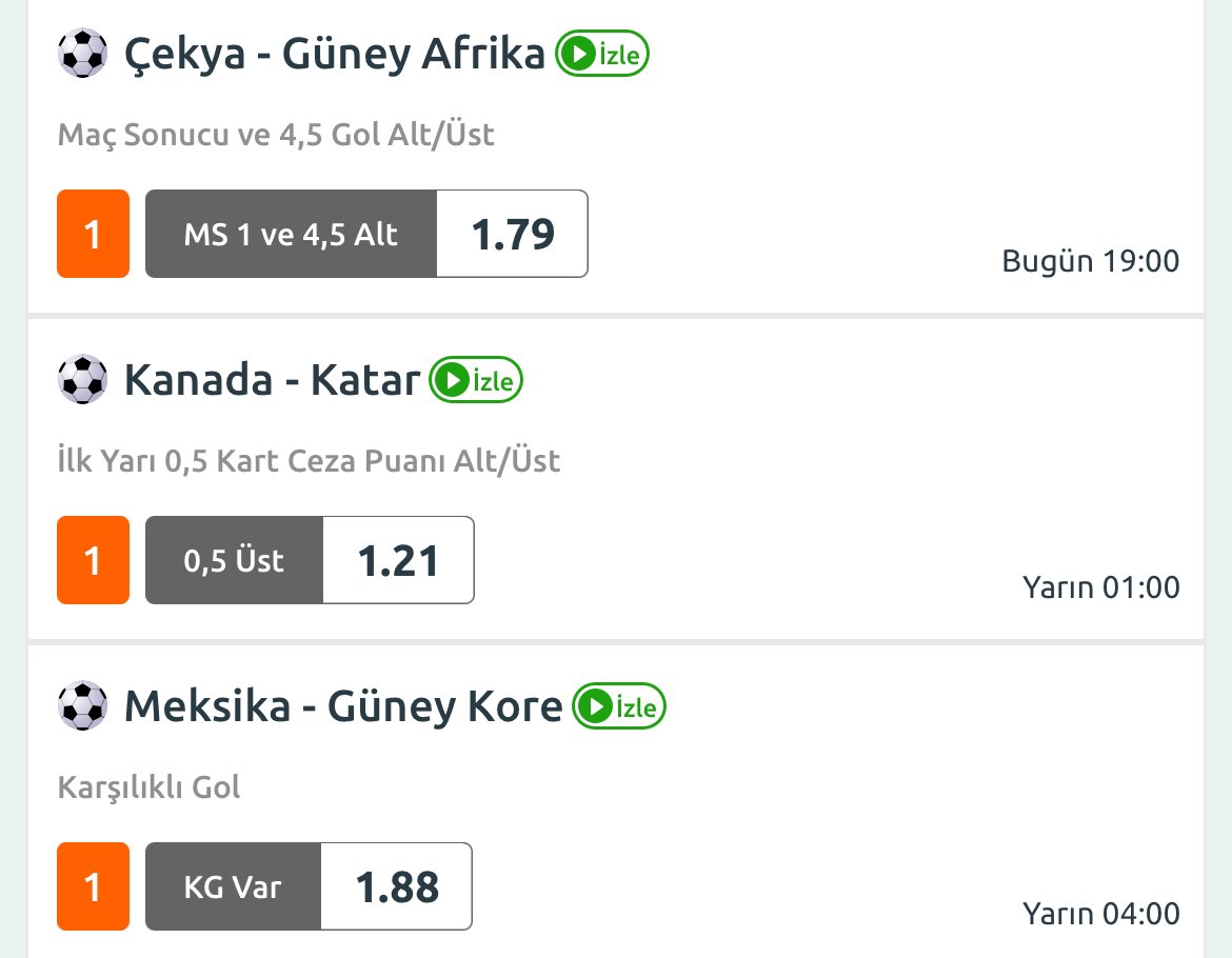 tahminfelsefesi's tweet photo. Çekya – Güney Afrika
“Çekya’nın oyun disiplini ve saha avantajı bir adım öne çıkıyor. Maçın kontrollü geçmesini bekliyorum, Çekya kazanır ve 4,5 gol altı seçeneği en doğru tercih olacaktır.

Kanada – Katar
“İki takımın da fiziksel oyunu nedeniyle ilk yarıda en az bir kart çıkma ihtimali yüksek görünüyor. 

Meksika – Güney Kore
“Meksika hücumda üretken, Güney Kore de geçiş oyunlarında etkili bir ekip. Karşılıklı gol seçeneğin geleceğini düşünüyorum.

Toplam: 4.07x