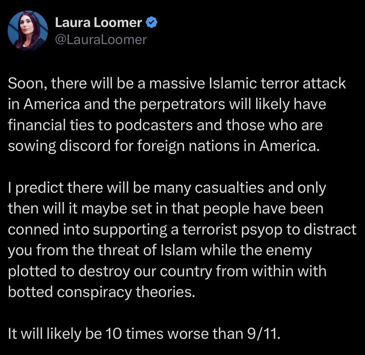 JoelWebbon's tweet photo. It is not above someone like Laura Loomer to have some MK Ultra plant donate $100 to a right wing podcaster and then carry out some attack. https://t.co/dVgCKdnADN