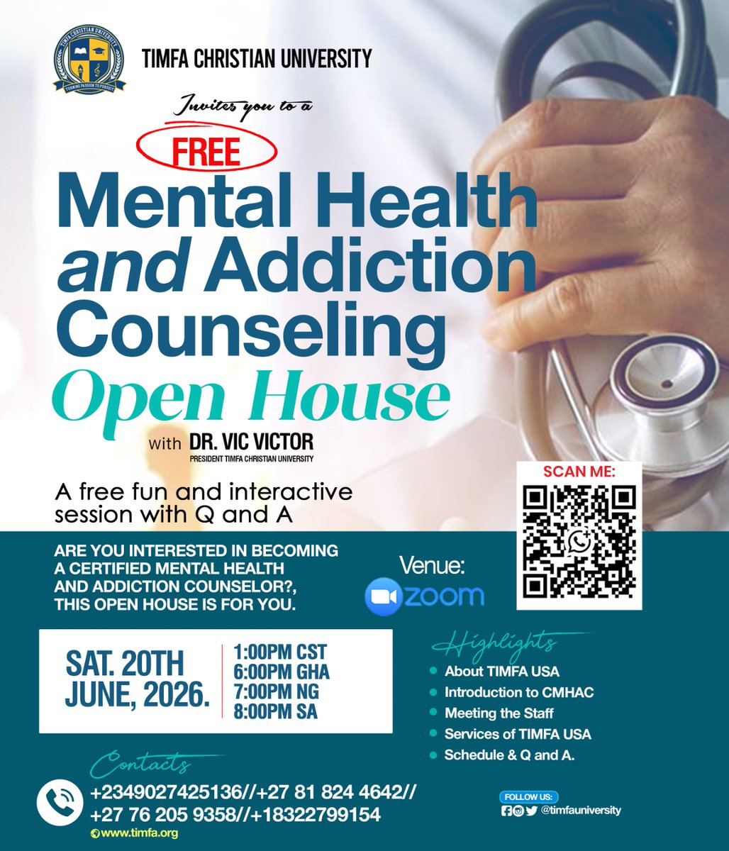 Timfaorg's tweet photo. Thinking about a career in mental health and addiction counseling?

Join TIMFA Christian University's CMHAC Open House to explore the program, meet our faculty, and ask your questions in a live Q&amp;A. 

Register today: https://t.co/zcfjPHMO1c

#MentalHealthIssues #CareerGoals https://t.co/MhgO4XKAUl