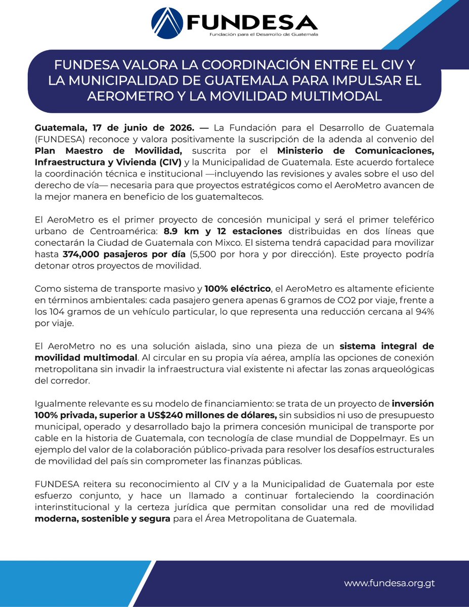 EmisorasUnidas's tweet photo. #AHORA FUNDESA hace un llamado a continuar fortaleciendo la coordinación interinstitucional y la certeza jurídica que permitan consolidar una red de movilidad moderna, sostenible y segura para el Área Metropolitana de Guatemala. Vía David Alvarado https://t.co/Xa2KbLWA3k