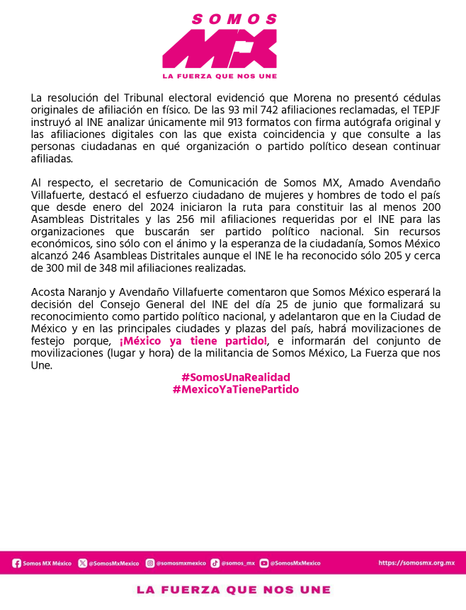 MLopezSanMartin's tweet photo. 🚨 @SomosMxMexico avanza rumbo a ser partido político

El Tribunal Electoral bateó la queja de Morena y validó las afiliaciones de Somos MX https://t.co/g4qqrriY82