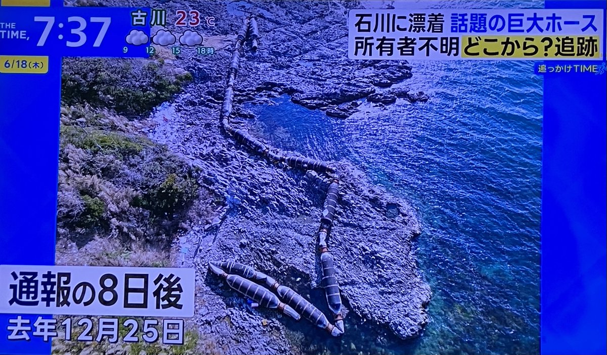 150th_memorial's tweet photo. 石川県の海岸に流れ着いた巨大ホース。
中国のZEBUNG社製のフローティングホースだとのこと。
昨年8〜9月に中国と韓国に巨大台風が上陸して甚大な被害を及ぼしたので、その時海に流れ出たものだろうという。
撤去費用はなんと、5000万円！
環境省の海岸漂着物等地域対策推進事業補助金が使われる。
https://t.co/L7m0mDXFQ0

自然災害は致し方ないが、ホースを失った会社は、自社の工事現場から流れ出たものだとわかっているはず。
日本政府か石川県に謝罪の一言くらいあってもよいのでは？