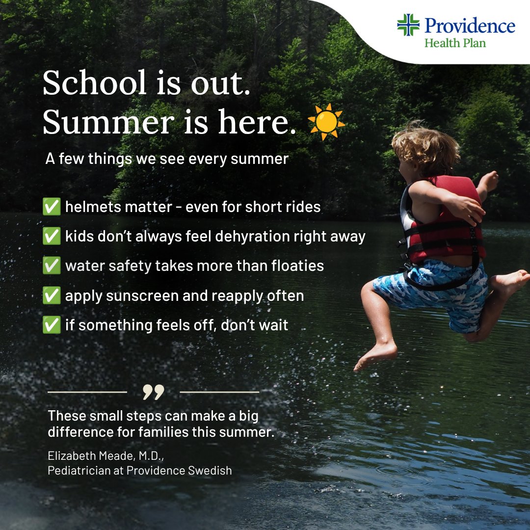 ProvidencePlan's tweet photo. Every summer, providers see many of the same preventable injuries. 

A helmet. More water. Sunscreen. Trusting your gut when something feels off. 

Small steps can help keep kids safer while they enjoy summer. https://t.co/zSoSGsEmUH