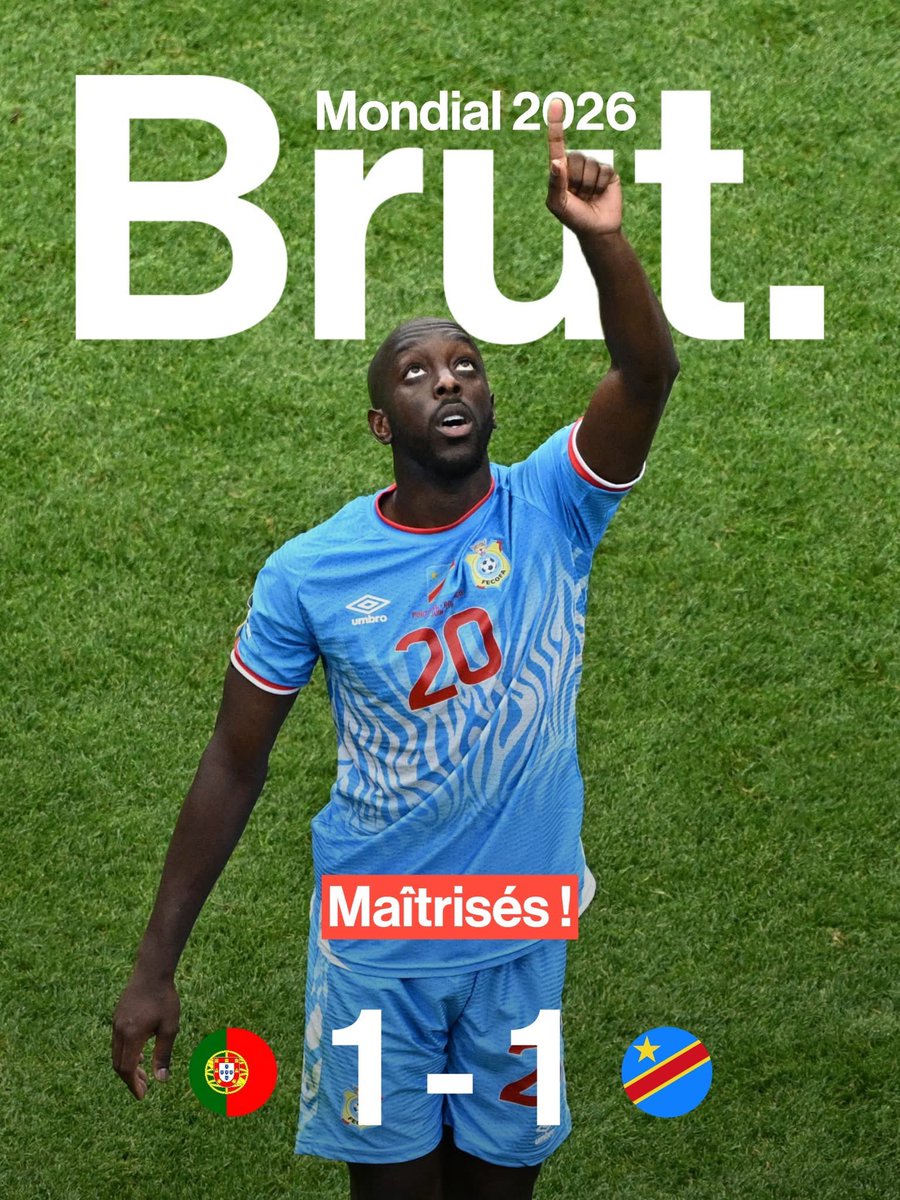 BrutAfrique's tweet photo. 🇨🇩 La #RDC a tenu le #Portugal en échec en marquant le premier but de son histoire en Coupe du monde. Score final 1 - 1.
#Mondial2026 https://t.co/iXWb4cI5gO
