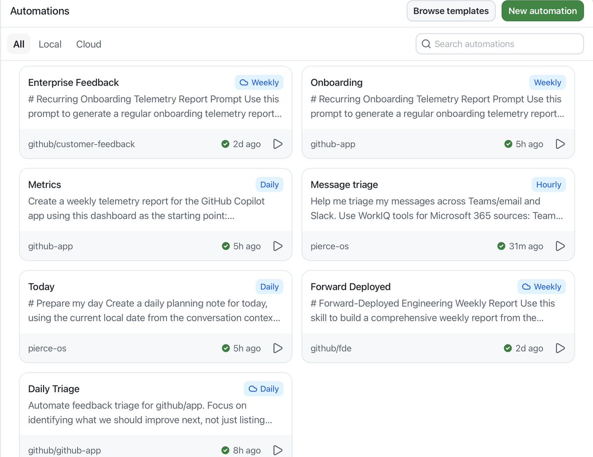 GitHub Copilot automation dashboard showing recurring prep, message-triage, feedback, and telemetry workflows on hourly, daily, and weekly schedules