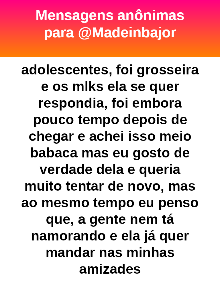 madeinbajor's tweet photo. H28 M25
Não está errado por perceber que ela já quer mandar nas suas amizades antes mesmo de namorar. O comportamento dela foi grosseiro #bajo41710 https://t.co/I3v9CNOk2i
