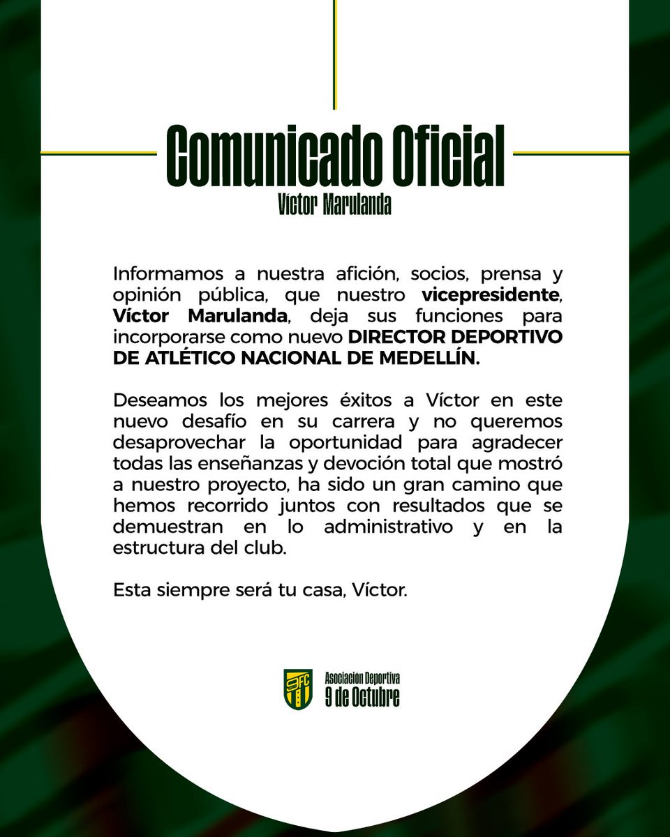 9deOctubrefc's tweet photo. 📖Comunicado Oficial: Víctor Marulanda se convierte en nuevo Director Deportivo de @nacionaloficial.

#2026amarilloverde https://t.co/hVuLxeBcU4