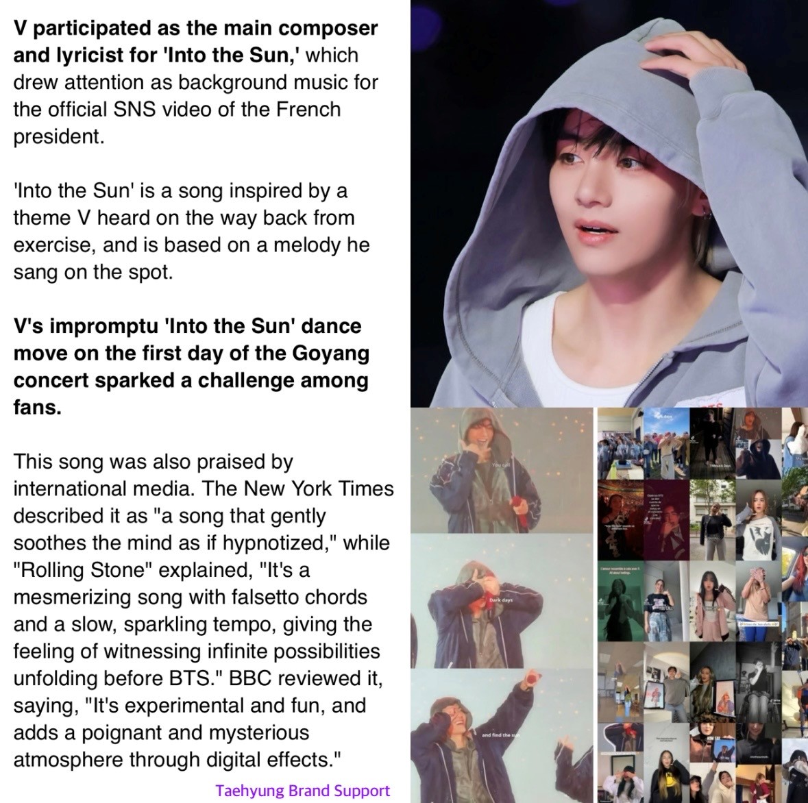btskthv1230's tweet photo. V participated as the main composer and lyricist for 'Into the Sun,' which drew attention as background music for the official SNS video of the French president.

V's impromptu 'Into the Sun' dance move on the first day of the Goyang concert sparked a challenge among fans.

⏰it! https://t.co/HcT1pQc8YG