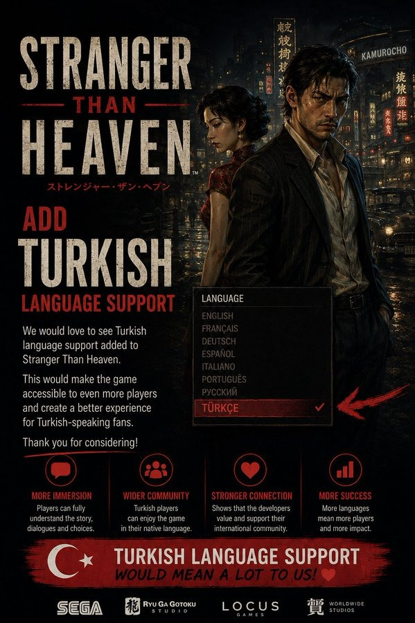 SFCankal's tweet photo. @STH_Game We want Turkish Language Subtitles Support Please Stranger Than Heaven.🇹🇷 <3 
We likes Yakuza Game Series.🇹🇷 <3 https://t.co/ekMBnkDCJg