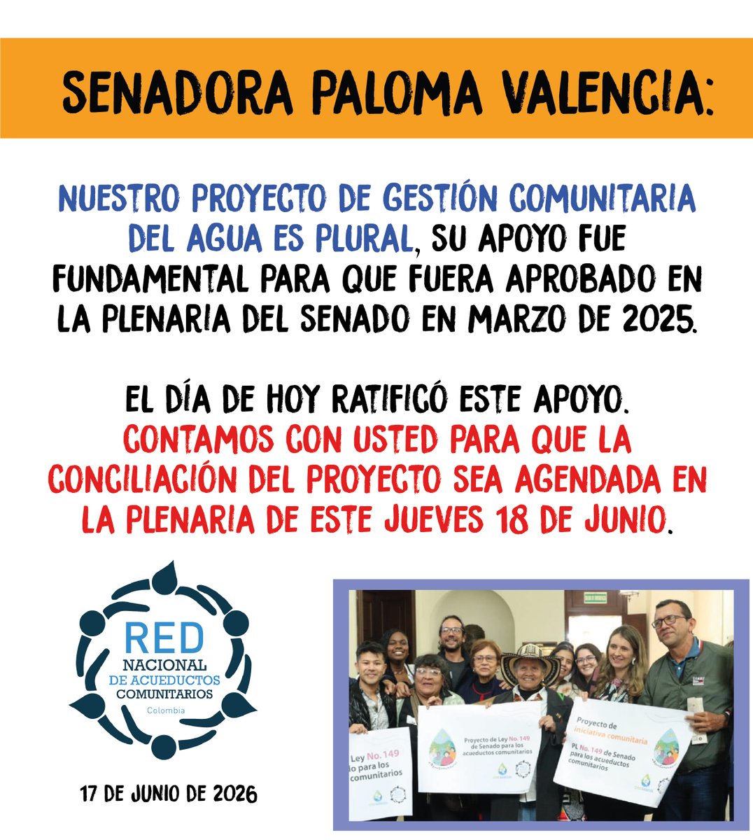 RedNACC's tweet photo. Senadora @PalomaValenciaL: Los 30.000 acueductos comunitarios de Colombia en nuestra diversidad plural y democrática sin tintes partidarios, logramos la aprobación de nuestro proyecto en los 4 debates. Contamos con ud para el agendamiento y debate de conciliación este 18 de junio https://t.co/DyTI7wJaI0