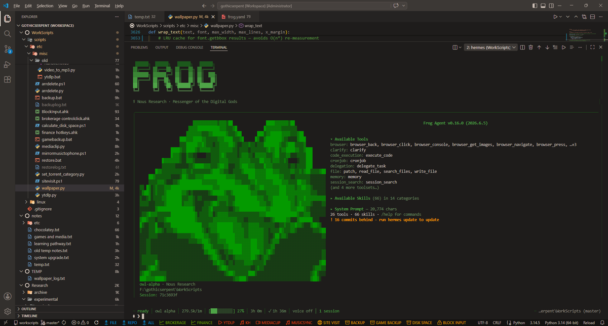 gothicserpentx's tweet photo. Had a little too much fun in VS Code making the Chrono Trigger frog in ascii art for the Hermes ai terminal user interface. I love how it's free.

Also I haven't posted much about $TSLA and $SPCX but super excited about the IPO and all the buzz going around. Exciting times 🚀. https://t.co/T6f4iICJRV