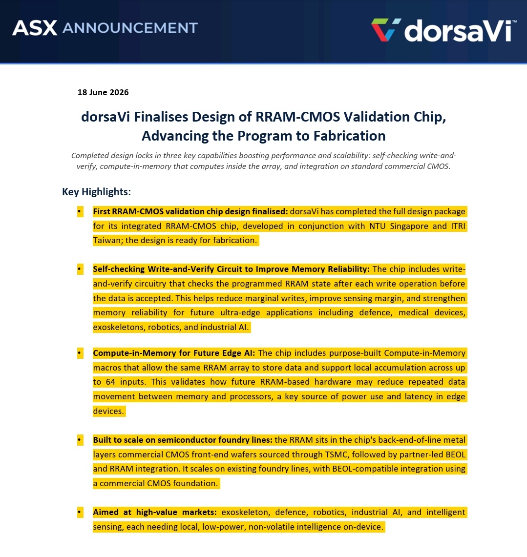 YellowStripeASX's tweet photo. $DVL MAJOR #ReRAM NEWS💥
$DVL (49M MC) is the Only #ReRam Play in #ASX behind $WBT ($1.85B MC)
⏩️ $DVL FINALISES DESIGN OF #RRAM-CMOS VALIDATION #CHIP, ADVANCING THE PROGRAM TO FABRICATION⏪️
⏩️Completed design locks in three key capabilities boosting performance & scalability
💥Self-checking write & verify
💥Compute-in-memory that computes inside the array
💥Integration on standard commercial CMOS