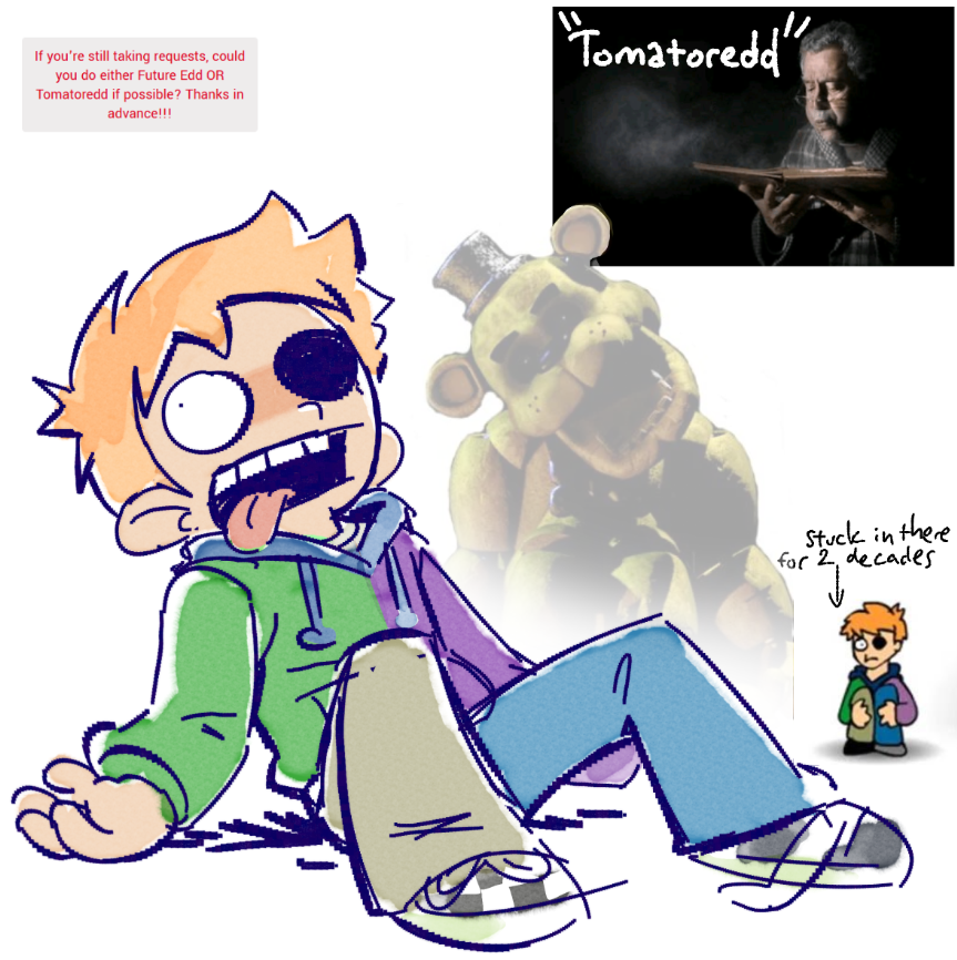 porkyratt's tweet photo. "..Tomatoredd if possible? Thanks in advance!!!" -> Oh I'm so sorry Anon, hearing that name gave me flashback the only thing I could think of was him in the backrooms sitting like golden freddy. I will for sure draw future Edd w others, in the future:) ! https://t.co/tN7nAft2Qn https://t.co/j8vP9CCkLo