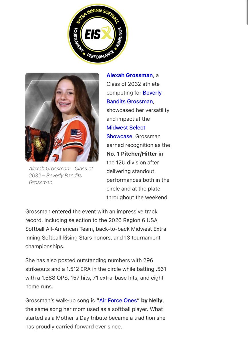 AlexahGrossman's tweet photo. Thank you @ExtraInningSB! 

I’m honored to be featured as a top performer and the #1 Pitcher/Hitter @ the 12u Midwest Showcase tournament. My team played great all weekend! 

I also had a great time on the group interview with Laina Holmgren. It was fun hearing the experiences of some of the older players. 

@bandits2032 @USASoftball @Kenzie_LongT2