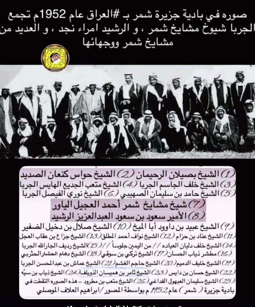 alrahiman_f37's tweet photo. هذه الصورة التقطت عام 1952م بواسطة المصور/إبراهيم العلاف للعديد من شيوخ قبيلة شمر ويظهر من بينهم شيخ المجادعة وزبن الونية راعي البلها العم الشيخ / بصيلان ابن رحيمان رحمه الله
#الرحيمان https://t.co/9W3JV7nOl1