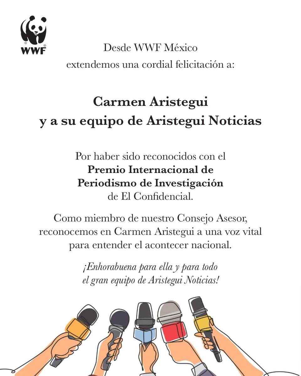 WWF_Mexico's tweet photo. Felicidades, Carmen Aristegui y equipo de @AristeguiOnline, por tan merecido reconocimiento 
👏 https://t.co/N6nXqZnn6R