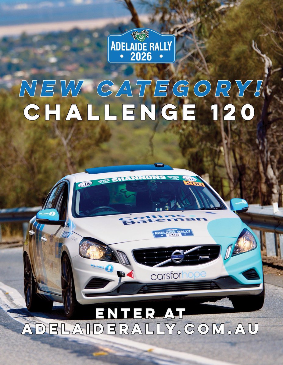AdelaideRally's tweet photo. Introducing Challenge 120 - a new category for the 2026 Shannons Adelaide Rally. Details at https://t.co/4fclYBONnx #AdelaideRally #Adelaide #SeeSouthAustralia https://t.co/GHgXa6Pml9