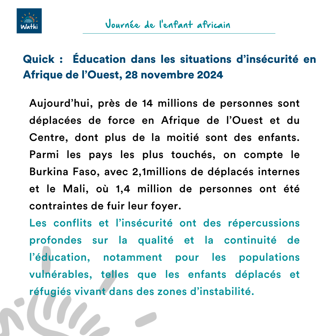 WATHI_ThinkTank's tweet photo. À l’occasion de la Journée de l’enfant africain, célébrée chaque 16 juin en mémoire des enfants de Soweto tombés en 1976 lors d’une manifestation contre l’apartheid, voici 3 ressources à lire ou relire sur l’éducation des enfants en Afrique de l’Ouest :
🔸 L’éducation comme droit des enfants en Afrique de l’Ouest et du Centre, Banque mondiale, Novembre 2021
https://t.co/8xQotAxKzB
🔸Le défi du financement d’une éducation de masse et de qualité en Afrique de l’Ouest
https://t.co/qdZUWiMtxZ
🔸Éducation dans les situations d’insécurité en Afrique de l’Ouest
https://t.co/Vm49Es5rEs

Ces lectures permettent de mieux comprendre les défis liés au droit à l’éducation, au financement de l’école et à la scolarisation des enfants dans les contextes d’insécurité.
