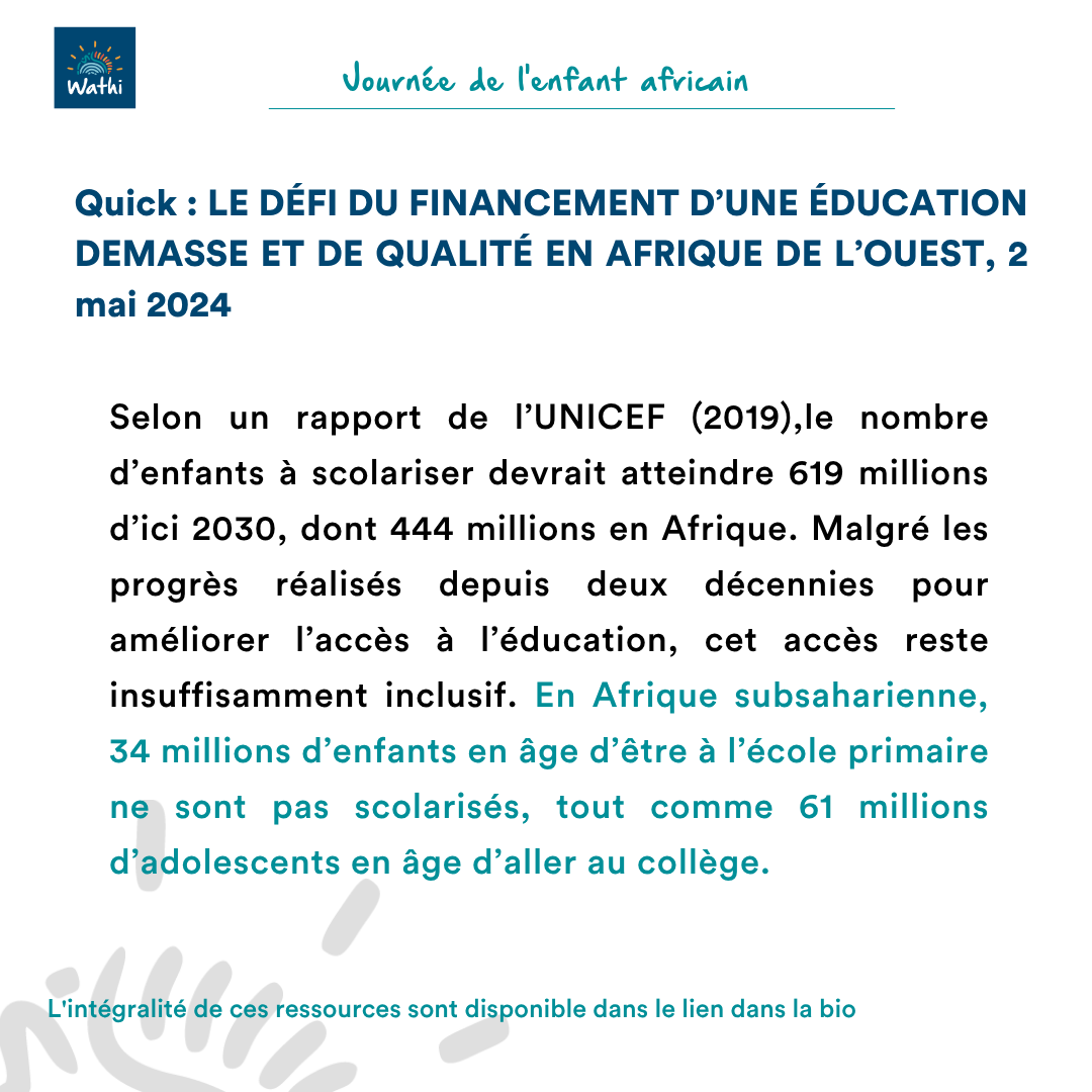 WATHI_ThinkTank's tweet photo. À l’occasion de la Journée de l’enfant africain, célébrée chaque 16 juin en mémoire des enfants de Soweto tombés en 1976 lors d’une manifestation contre l’apartheid, voici 3 ressources à lire ou relire sur l’éducation des enfants en Afrique de l’Ouest :
🔸 L’éducation comme droit des enfants en Afrique de l’Ouest et du Centre, Banque mondiale, Novembre 2021
https://t.co/8xQotAxKzB
🔸Le défi du financement d’une éducation de masse et de qualité en Afrique de l’Ouest
https://t.co/qdZUWiMtxZ
🔸Éducation dans les situations d’insécurité en Afrique de l’Ouest
https://t.co/Vm49Es5rEs

Ces lectures permettent de mieux comprendre les défis liés au droit à l’éducation, au financement de l’école et à la scolarisation des enfants dans les contextes d’insécurité.
