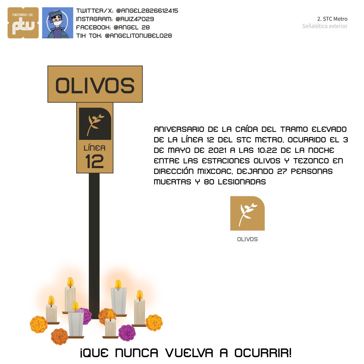 Angel2826612415's tweet photo. El 3 de mayo de 2021 a las 10:22pm, entre las estaciones #Olivos y #Tezonco en dirección #Mixcoac ocurrió la caída del tramo elevado de la #Línea12 del #MetroCDMX , dejando 27 personas muertas y 80 lesionadas. https://t.co/NtkwzggkjY