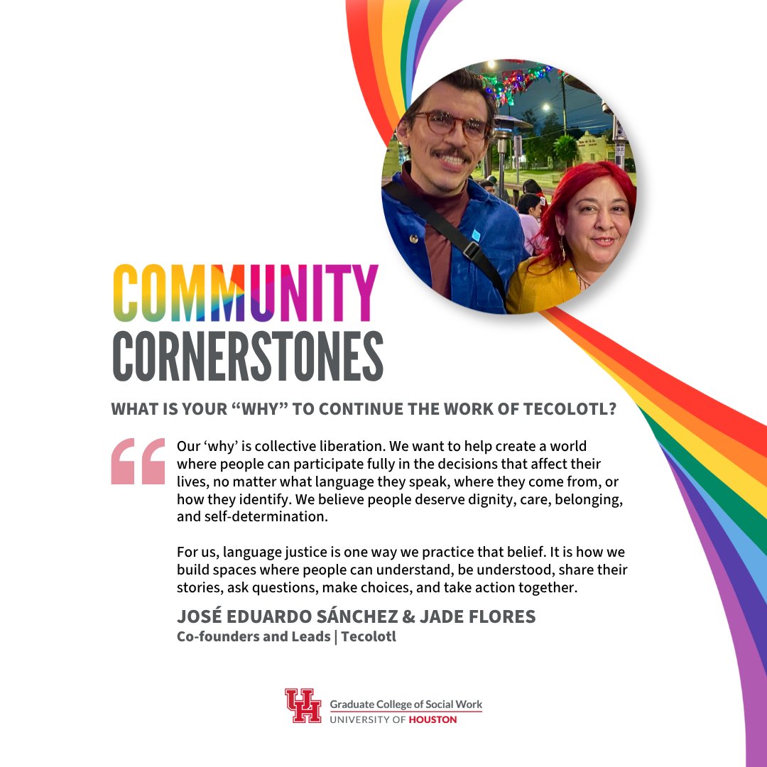 UH_SocialWork's tweet photo. Tecolotl is a Houston-based collective founded by im/migrant, queer, trans, and people of color. The organization intersects language justice, community planning, popular education, and collective action. 

#PrideMonth2026 #UHGCSW #UHSocialWork https://t.co/BmJvy3YUBm