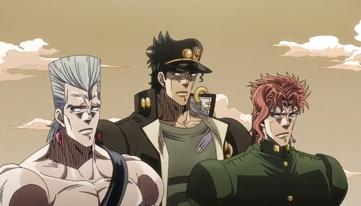 jotaroskak's tweet photo. this image always fries me because you can see genuine pity on jotaro's face, embarrassment on polnareff's while kakyoin is annoyed as hell https://t.co/IejHNQHlMS