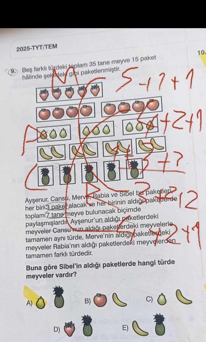 eymn242's tweet photo. @ardagulerrrrrr @kolaliceket Kanka 3 paket olucak ve toplamda 7 meyve olucak ya işte buna uyan şeyleri sıralıyorsun 5+1+1  ,  4+2+1 , 3+3+1  , 3+2+2 oluyor geriye başka kombinasyon kalmadığı için geriye kalan paketlere bakınca 4+2+1 olan kalıyor ayşenur ve cansu aynı şey olduğu için bu olucak https://t.co/qoygGiXYUl