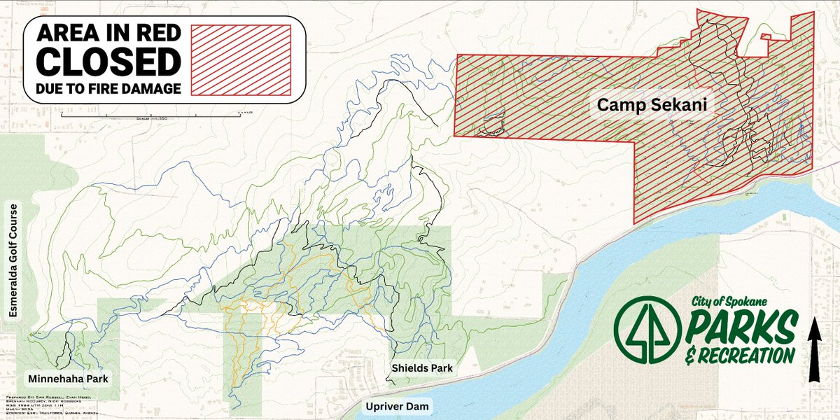 SpokaneParks's tweet photo. Upriver Fire – Camp Sekani Update: Our hearts are with our neighbors impacted by the devastating Upriver Fire, and we share gratitude for our first responders who are working tirelessly.

To support their efforts and keep folks safe, all of Camp Sekani Park is closed to the public until further notice.

As you’ll see on the map, Recreational access remains open on public land to the west, from Esmeralda Golf Course and Spokane County’s Shields Park.

We are working closely with incident command and will share more updates about the park in the weeks ahead. For now, please stay safe and honor the trail closure areas to give our first responders all the space they need.