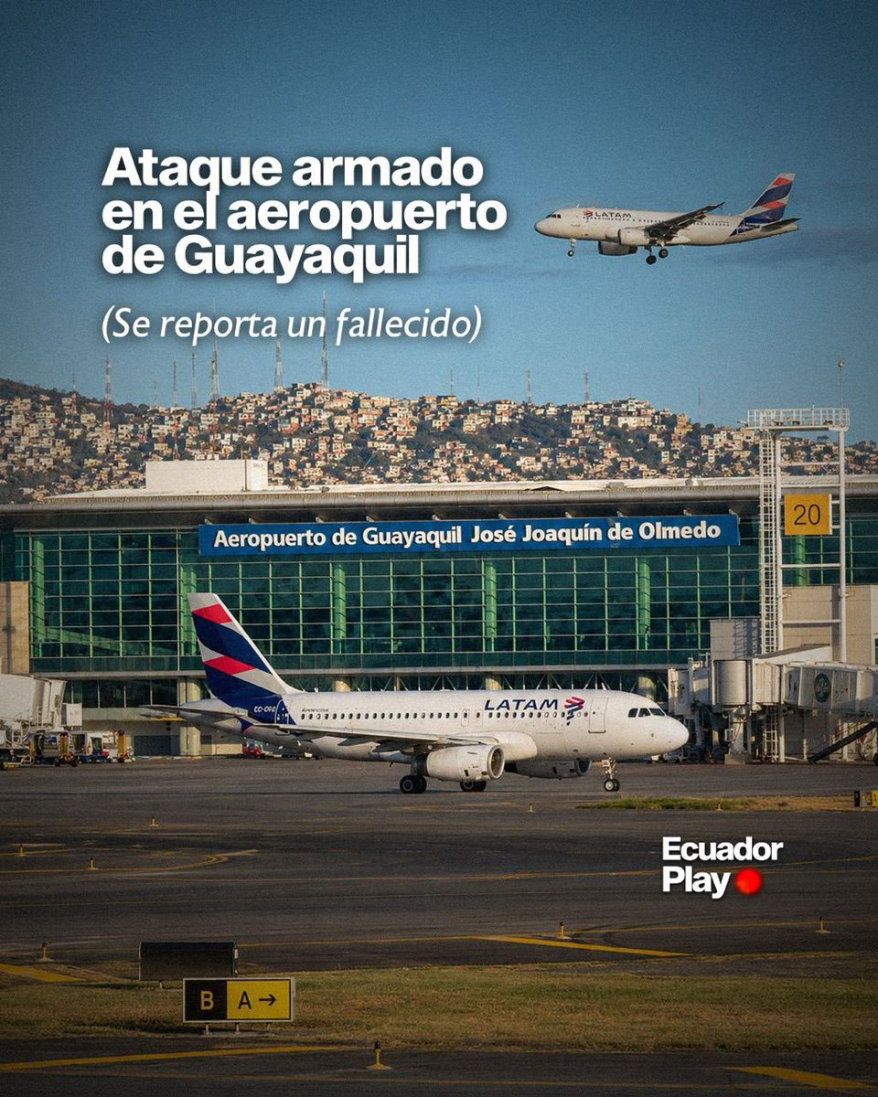 EcuadorPlay's tweet photo. 🚨✈️ Terror en el aeropuerto de Guayaquil. Un ataque armado se registró en la zona de arribos internacionales, dejando como saldo una persona fallecida. De acuerdo con reportes preliminares, dos personas habrían sido detenidas tras el hecho. 
👮‍♂️⚠️ https://t.co/h9b7baGYq4