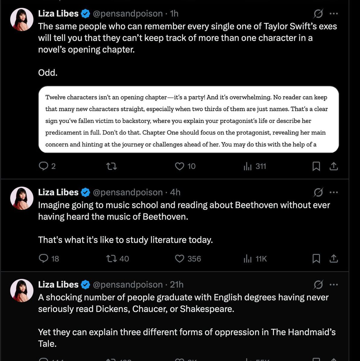 reinahardy's tweet photo. This woman's profile reads like she asked ChatGPT to generate 100 variations on the theme "how universities ruined great literature."

"People don’t just want high-octane stories. They want wisdom." Are we serious? https://t.co/J8vLk1w7wl